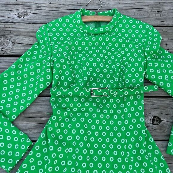 Vintage 60s De Saix Neon Green Vibrant Polka Dot Maxi Belted Dress - Picture 2 of 7